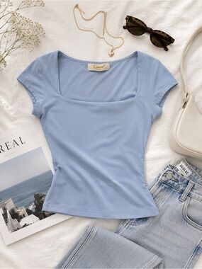 QINSEN Blue Square Neck Double Lined Sculpting Top Size Small